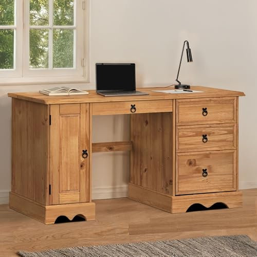 Mercers Furniture Corona Solid Wood Pine Straight Computer Desk Drawers Keyboard Shelf Door Cupboard Wooden Large Long Office Bedroom Mexican Style 74cm High 145cm Wide 48cm Deep