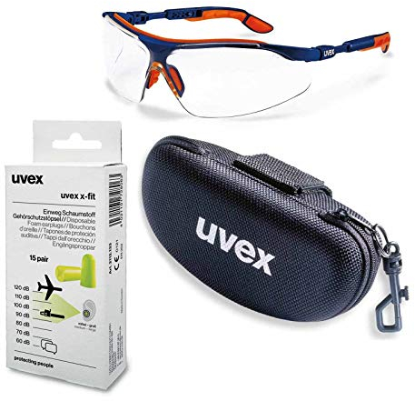 UVEX Schutzbrille i-vo supravision klar blau-orange im Set inkl. Brillenetui und Gehörschutz - Sicherheitsbrille, Arbeitsschutzbrille beschlagfrei und kratzfest