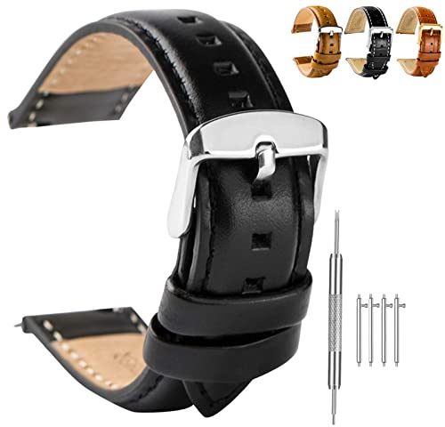 Spolife Leather Watch Straps for Men, Genuine Leather Replacement Bands, Stainless Steel Buckle, Quick Release Replacement Watchbands 16mm 18mm 19mm 20mm 22mm (with Watchstrap Pins,Repair Tool)
