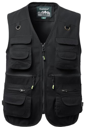 Oralidera Herren Weste Outdoor Wandern Anglerweste Fotografie Freizeitweste Sport Baumwolle Safari Weste mit Vielen Taschen für Jagd Angeln Camping, Schwarz, L