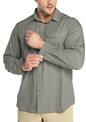 Outdoor Ventures Camicia da uomo per il tempo libero, a maniche lunghe, traspirante, ad asciugatura rapida, da uomo, primavera, estate, protezione UV, grigio verde, S