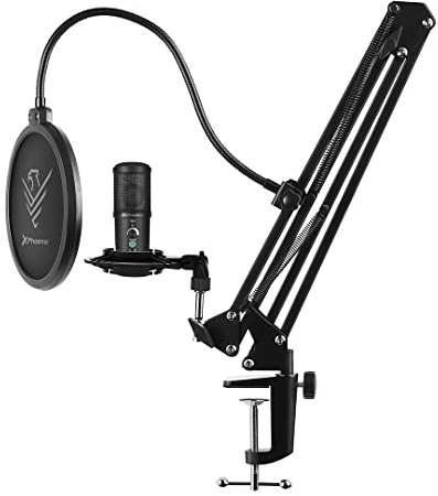 Phoenix – Micrófono USB Condensador Profesional Estudio, Streaming, Brazo Articulado Ajustable, Soporte Anti Vibración, Filtro Anti Pop