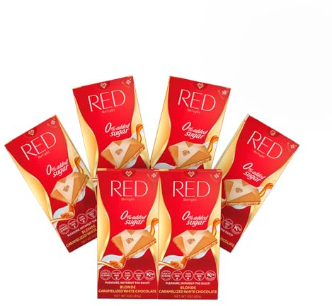 Red Delight Caramelized White Chocolate Bars - Pack of 6 - No Added Sugar, Reduced Calories and Fat - Full-Size Chocolate Treats for Gifting and Indulgence