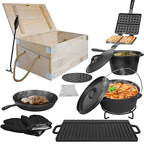 YARDIN BBQ Dutch Oven Set i 12 delar, inbränd gjutjärnsgryta 3,6 liter i trälåda, grilltillbehör med grillplatta, stekpanna, kastrull, våffeljärn, gjutjärn, locklyftare och handskar