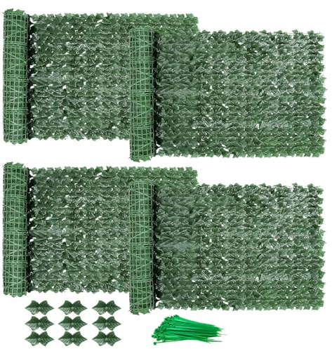 SUNJULY Artificial Ivy Privacy Fence Screen, Expandable Artificial Hedges Fence and Faux Ivy, Garden Privacy Screening Wall Panel Vine Leaf Decoration, UV Resistant (1M*3M) (4PCS)