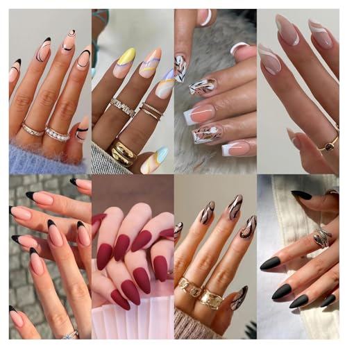 XYUH 192 Stück Künstliche Nägel, Nägel Zum Aufkleben, Press On Nails, Fake Nails, Mandelquadrate und Französische Kurze Künstliche Nägel, Nagelset für Frauen