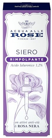 Acqua alle Rose, Siero Viso Rimpolpante Concentrato con Acido Ialuronico Vegetale, Attivi Antietà di Rosa Nera, Antirughe per Pelli Mature, 30 ml