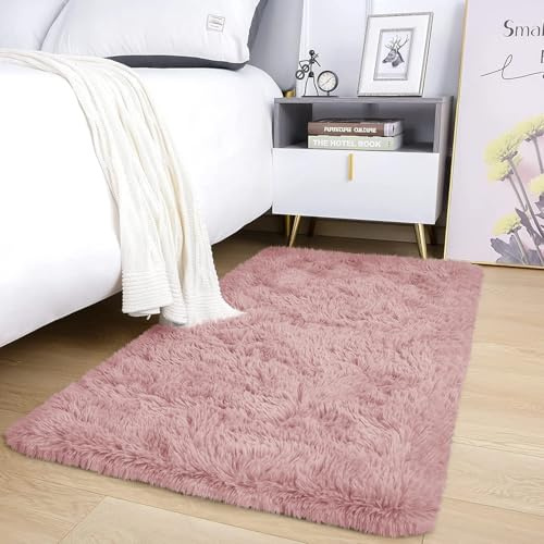 AMEHA Tapis à poils longs doux et antidérapant pour chambre de fille Rose 60 x 110 cm