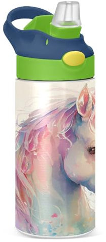 Botella de agua con diseño de unicornio y arcoíris, con pajilla, aislada de acero inoxidable, para niños y niñas, escuela, 350 ml, a prueba de fugas, termo de agua fría y caliente