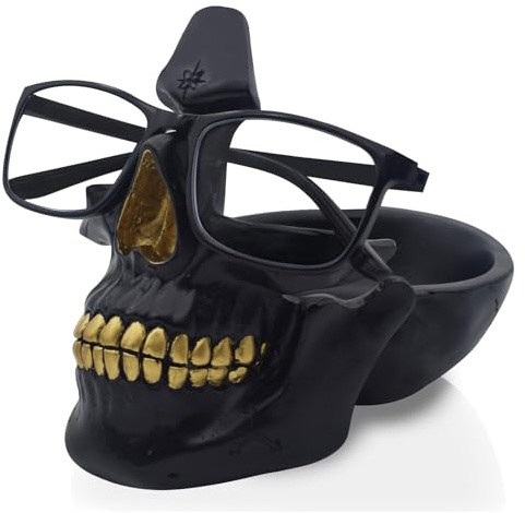 VIPbuy Portaocchiali Teschio, Portaocchiali Novità con Vassoio per Comodino, Statua Testa Teschio in Resina Scultura Casa Ufficio Scrivania Decor Regalo (Nero)