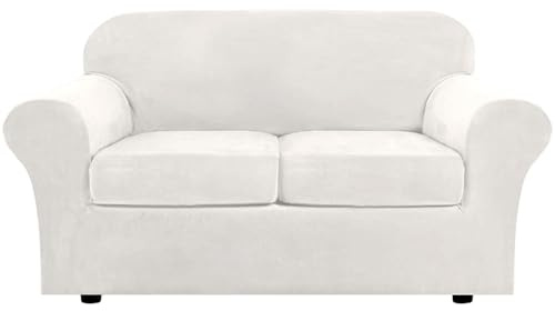 AIMENJOY Copridivano a 2 Posti con 2 Fodere per Cuscini Separati, Copridivano Lavabile in Velluto Elasticizzato in 3 Pezzi con Fondo Elastico Antiscivolo (White,2 Posti)