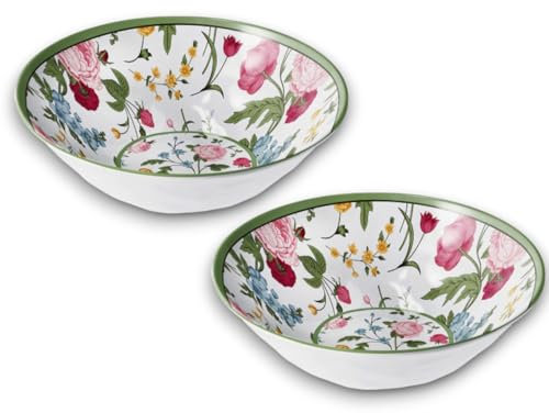 Generico Set di 2 Ciotole in Melamina, 26 cm di Diametro, Design Floreale con Bordo Verde, Resistenti e Leggere, Ideali per Insalate, Zuppe e Cereali
