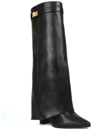 ESSEX GLAM Women's Knee High Foldover Boots Ladies Black Faux Leather Block Heel Point Toe Size 6