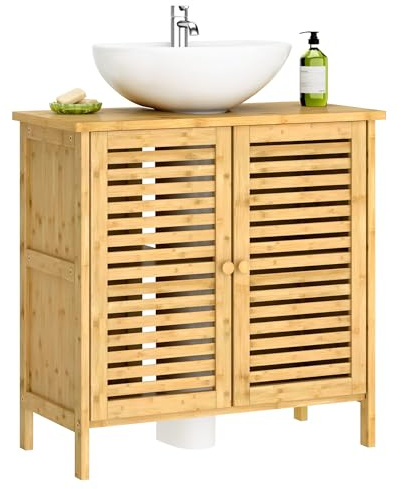 sogesfurniture Armadietto per lavabo, in bambù, con 2 ante lamellari, salvaspazio, 60 x 30 x 60 cm