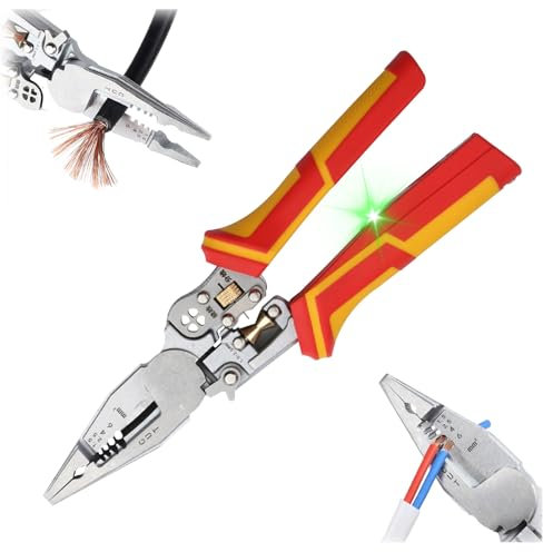 DriveNova Abisolierzange mit Strommessfunktion, 9 in 1 Multifunktionale Abisolierzange mit Strommessung, Zange Elektriker, Spannungsprüfer Zange Kabelschere zum Abisolieren Wickeln Spalten Schneiden