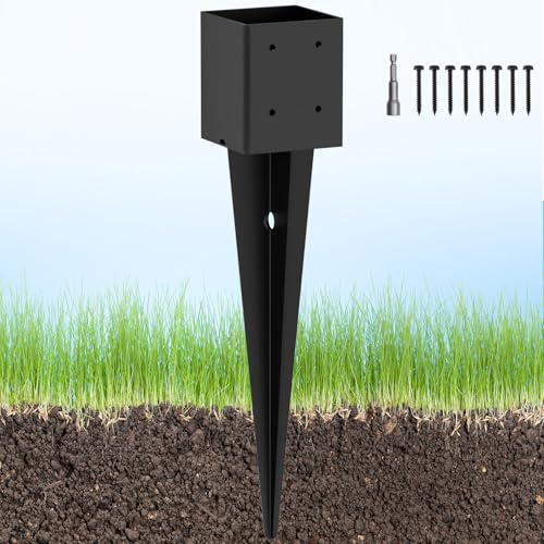 Anclaje para poste de valla de 4 x 4 pulgadas, estaca de tierra de 24 pulgadas (real: 3.6 x 3.6 pulgadas), anclaje de poste de valla de metal resistente, recubierto de polvo negro, para vallas
