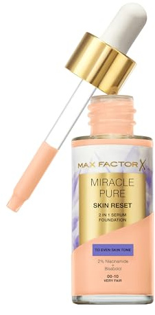 Max Factor Miracle Pure Skin Reset Serum Foundation, 00-10 Very Fair, 2-in-1 Serum Formula, Healthy Looking Skin, Medium Coverage, Satin Matte Finish, 2% Niacinamide, Dermatologically Tested, 30ml
