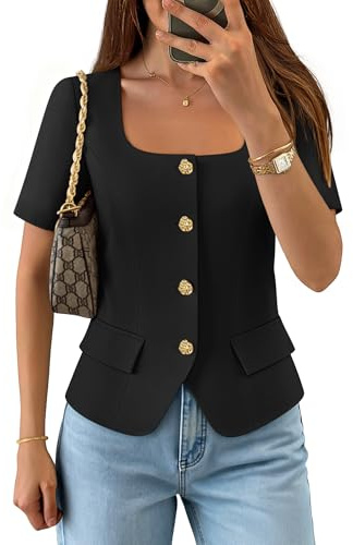 ZESICA Women's Trendy Vests Top 2026 Spring Summer Square Neck Short Sleeve Blazer Suit Button Down Business Casual Blouse, Black, S