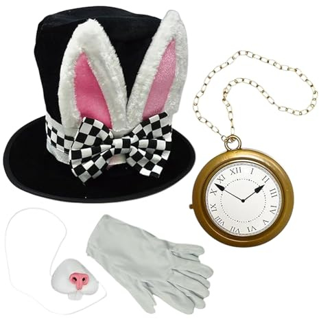 Costume da coniglio bianco – Fascia per orecchie da coniglio, per cigno, guanti e mosche, set completo a tema | Per feste in costume da festival, giochi di ruolo, eventi, adulti, donne
