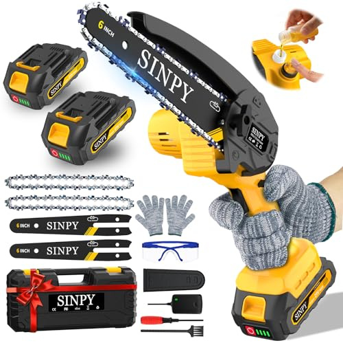 SINPY Mini motosierra inalámbrica, motosierra eléctrica de 15,2 cm, con 2 baterías de 2000 mAh, sierra a batería con bloqueo de seguridad y engrasador automático para jardín, corte de madera