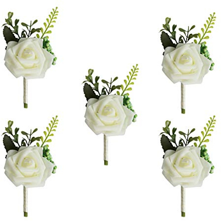 VANKOA 5Pcs Boutonniere Buttonholes Groom Groomsman Best Man Rose Wedding Flowers Party Prom Suit Decoration - White