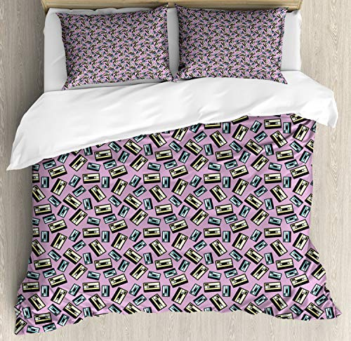 Ambesonne Retro Duvet Cover Set, Aqua and Pale Yellow Audio Cassettes Irregular Repetition Music Themed, Decorative 3 Piece Bedding Set with 2 Pillow Shams, Queen Size, Lavender and Multicolor