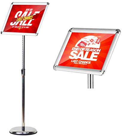HUAZI Adjustable A4 Poster Stand Floor Sign Holder Stand,Heavy Round Base,Both Vertical & Horizontal View Displayed,Snap-Open Frame with Safety Corner,Silver