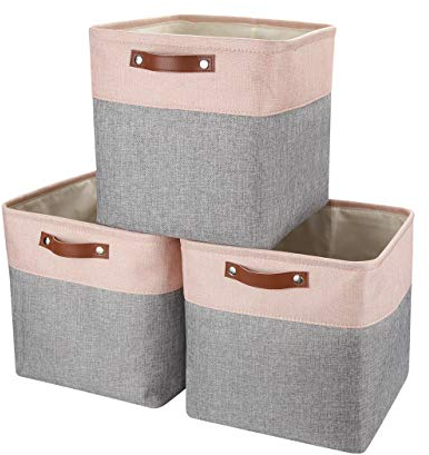Mangata 25|28|30|33cm Aufbewahrungsbox Stoff, Aufbewahrungskorb für Regal, Korb Aufbewahrung, 3-er Pack, 33x33x33 cm, Grau Rosa