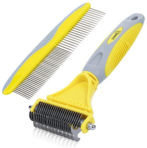 pecute Grooming Dematting Comb Tool Kit - Double Sided Blade Rake Comb Grooming Comb - Removes Loose Undercoat, Knots, Mats and Tangled Hair(Yellow+Grey)