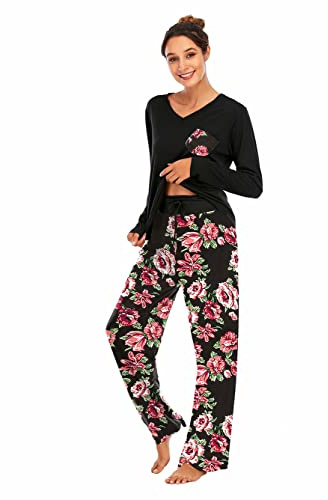Famulily Women's 2 Piece Pajamas Set Comfy Long Sleeve Sweatshirt Elastic Waist Pants Loungewear with Pockets Red L