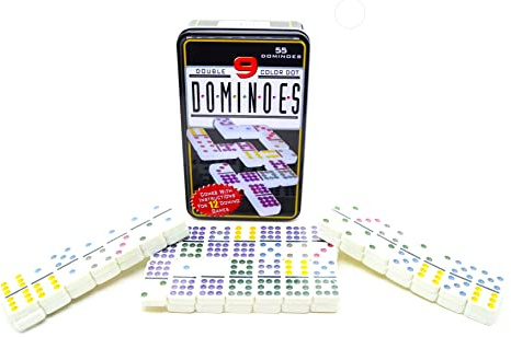 dominó de Puntos Dobles de 9 Colores (Juego 55, dominó) en Caja de Metal,Whist, Matador, Muggins (Todos los Fives). Texas 42, Pie de Pollo, Concentración, Cincos Dobles, Tren Mexicano