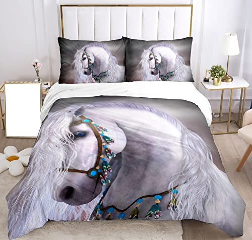 SHUAIG Juego de ropa de cama con estampado 3D, juego de cama para niños, adolescentes, con diseño de caballos y funda de edredón, para niños, adolescentes. (Caballo gris, 220 x 240 cm