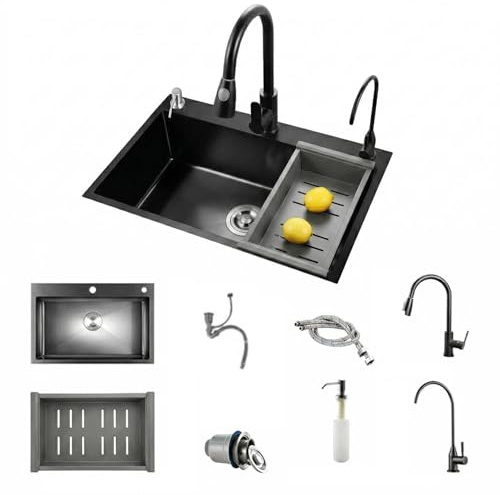 CALISTOUK Fregadero de cocina, 304 Acero Inoxidable, Fregadero Cocina un Seno, Fregadero Negro, con grifo extraíble, Purificador de Agua, Dispensador de Jabón (55 * 45cm)