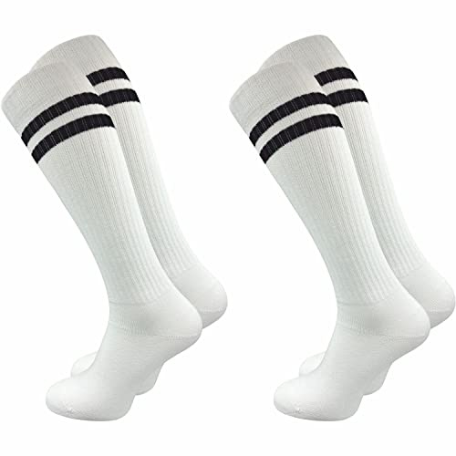 GAWILO Chaussettes hautes homme rétro (2 paires) | Coton doux – look vintage avec bandes – sans couture – confort durable | Idéales sport, loisirs & style rétro (Blanc + rayures, 47-50)