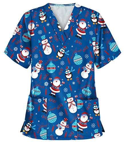 Christmas Scrubs Top Mock Wrap V-Neck Classic Fit Cat Grooming Utility Shirt Scrub Tunic Top Uniforms Women UK Short Sleeve Cat Grooming Beauty Tunic Workwear Classic Fit Health Care Workers Blue