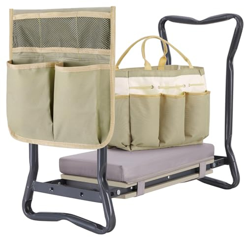 Ohuhu Inginocchiatoio e sedile da giardino pieghevole 2 in 1 con morbido cuscinetto rimovibile per inginocchiarsi, panca da giardino resistente, con grande borsa per attrezzi e custodia, regalo per