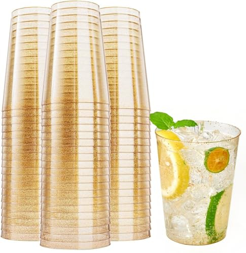 Tootesa 30 Stück Partybecher Plastik, 300ml Goldglitter Plastikbecher,Hartplastik Kunststoff Cup Schnapsgläser für Whiskey Wein Kaffee Getränke