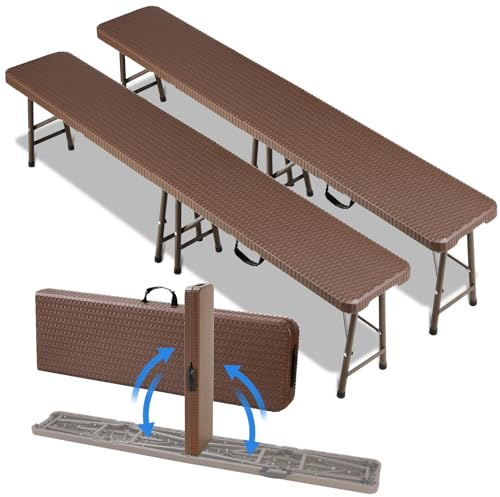 2 pcs Bancs Pliables Pliant 180 cm,Banc de bière Pliant Camping Avec poignée de transport,Banc Pliable Camping Structure en acier et plateau en plastique HDPE,pour Jardin Fête Barbecue Pique-Nique