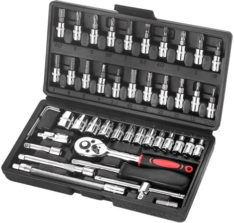 Eidoct 46 Piece 1/4 Inch Drive Socket Set&Tool Sets,Ratchet Wrench Set with 4-14mm Cr-V Sockets,Screwdriver Bits,Extension Bars for Household Car Bike Repair, DIY and Repair