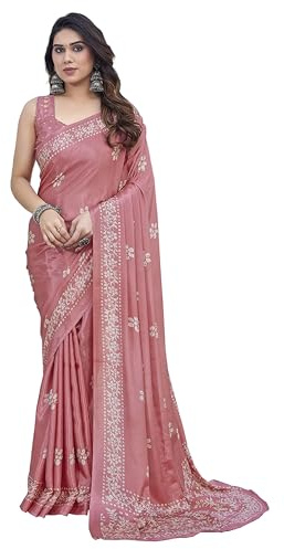 IMTRA FASHION Sari Indien Pour Femme En Mousseline De Soie Avec Chemisier Non Cousu, Pêche