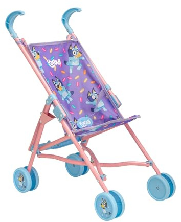 Bluey Junior Puppen Kinderwagen | Spielzeugpuppen Buggy | Baby Doll Kinderwagen | Kinder Bluey Kinderwagen Spielzeug Easy Fold Regenschirm Kinderwagen | Rollenspiel Puppen Kinderwagen | Alter 2+