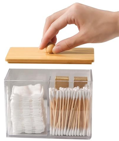 SVOCK Wattestäbchen Behälter, Wattestäbchen Behälter Transparent, Wattepadspender Bambus, Wattepads Aufbewahrung Acryl für Badezimmer, Schminktisch, Wohnzimmer