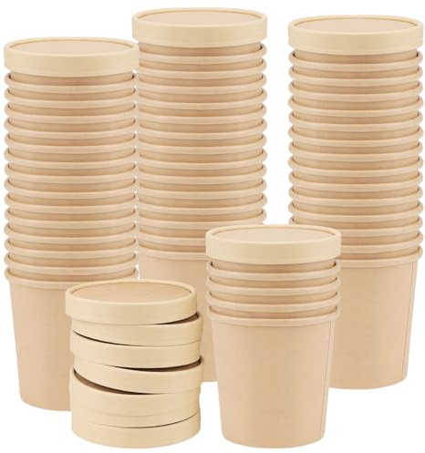 KEILEOHO 50 stycken 460 ml engångs soppmugg med dekel, 40 ml brygga soppmugg kartong To Go, glassbägare matkopp kartong för soppmat