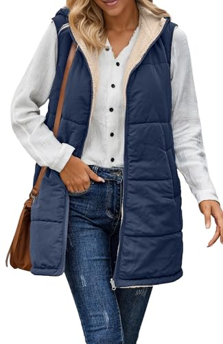 Maeau - Manteau Sans Manches Femmes à Capuche Mi-Long Chaud Veste Réversible Polaire avec Poches S-3XL