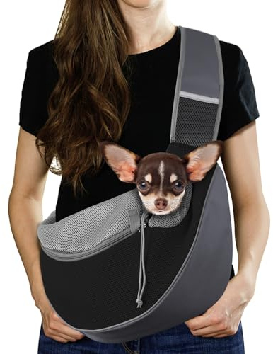 Pawaboo Bolso Bandolera para Perros, Bolsa Portátil para Mascotas con Correa Ajustable y Bolsillos, Bolsa de Mensajero Transpirable Cómoda con para Cachorros Gatitos, M, Gris Oscuro + Negro