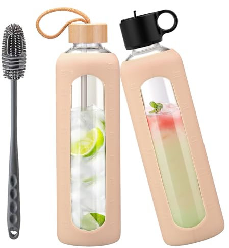 HYDRAGLAZIC 950ml Glass Water Bottle With 2 Lids-Flip Straw Lid, Bamboo Lid, Glass Water Bottle With Silicone Sleeve, Motivational Time Marker, Glass Juice Bottle for Cold Drink,Amber
