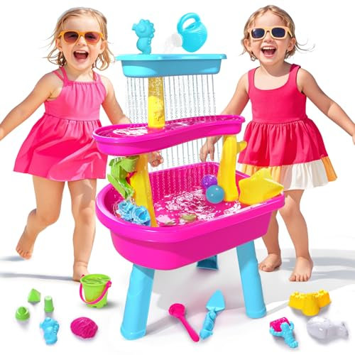 VATOS 3-Tier Wassertisch für Kinder 1-3, 37 Stück Kinder Wassertisch Regen Duschen Splash Pond Set für Outdoor-Hinterhof, Aktivität Sensory Sand Wasser Tische Sommer Spielzeug für Mädchen, Rosa