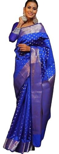 Yashika Sari da donna Banarasi Kanjivaram in cotone e seta tessuto con camicetta non cucita materiale, marrone chiaro::blu, taglia unica