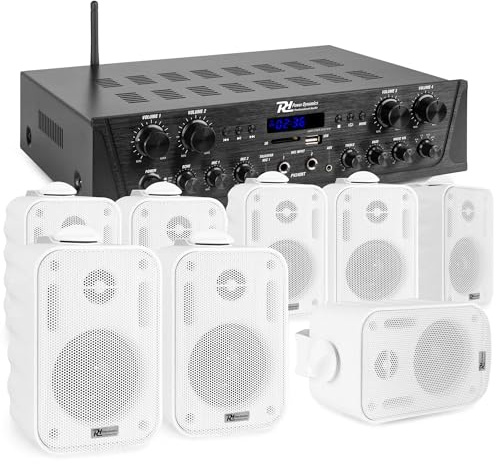 Sistema de Sonido de 4 Zonas con Bluetooth, FM y MP3 – Amplificador 400W + 8 Altavoces Blancos Resistente al Agua IPX5 para Interior y Exterior – Incluye 100m de Cable y Mando a Distancia