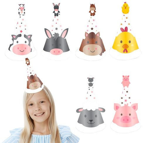 Falafoty 24PCS Cappellini Festa Compleanno, Cappelli a Cono di Feste a Tema Animale, Cappello di Carta per Bambini Decorazione per Feste di Compleanno Foto Prop,Accessori per Costumi da Animale (Farm)